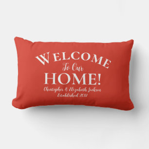 Welcome Home Custom Elegant Calligraphy Chic Red Lumbar Pillow