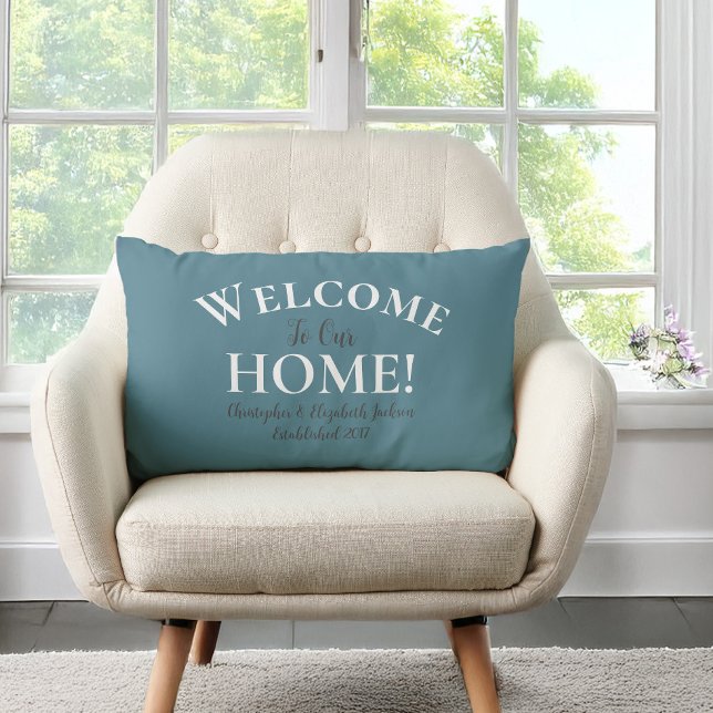 Welcome Home Custom Elegant Calligraphy Chic Teal Lumbar Pillow (Creator Uploaded)