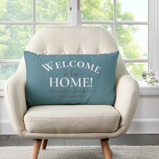 Welcome Home Custom Elegant Calligraphy Chic Teal Lumbar Pillow (Creator Uploaded)