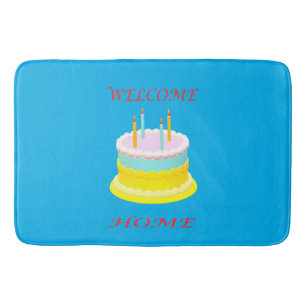 Welcome home deep marine blue with a cake        bath mat