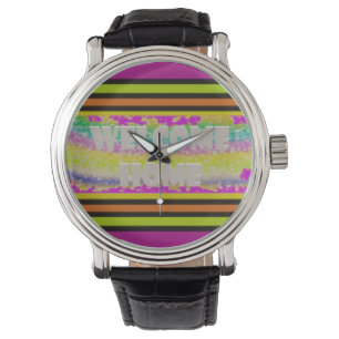 welcome home design purple green red bordered tri watch