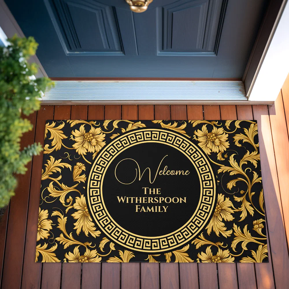 Welcome Home Family Name Black Gold Classy Elegant Doormat