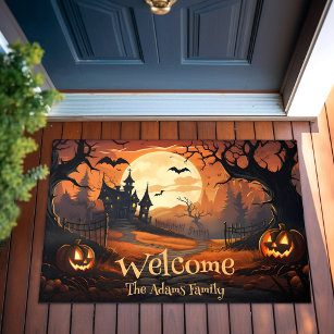 Welcome Home Family Name Spooky Halloween Orange Doormat
