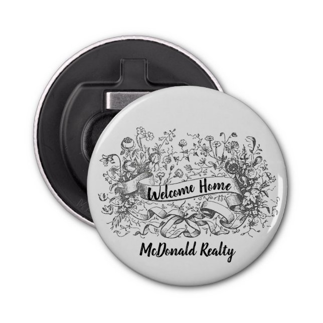 Welcome Home Floral Banner Realtor Promotional Bottle Opener (Front)