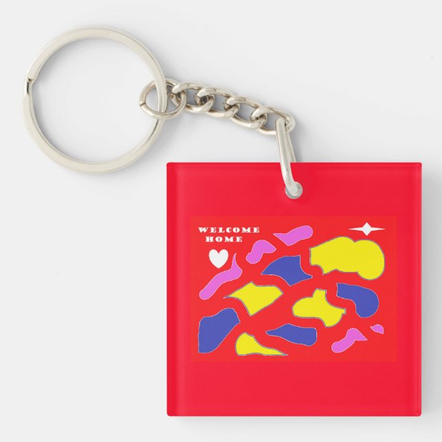 Welcome Home Message happy red with patterns  Keychain (Front)