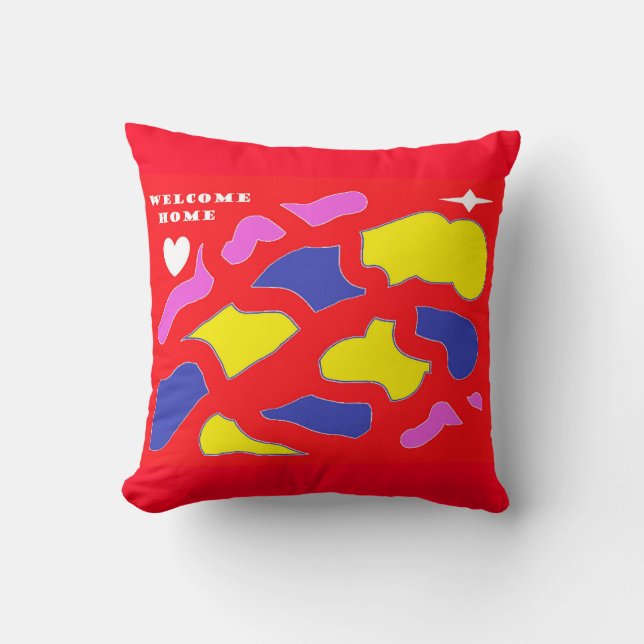 Welcome Home Message happy red with patterns  Throw Pillow (Front)