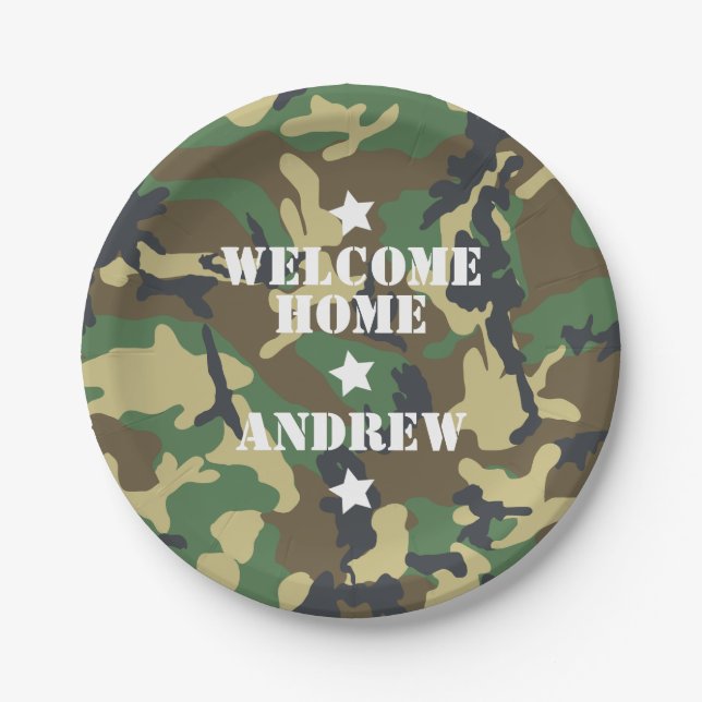 Welcome Home Military Army Deployment Camouflage Paper Plates (Front)