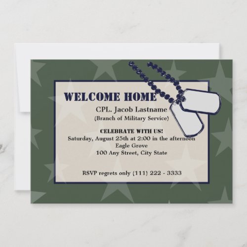 Welcome Home Military Green Stars and Dog Tags Invitation