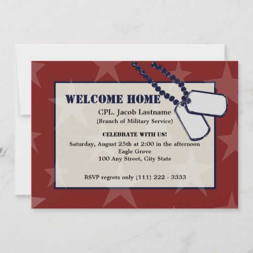 Welcome Home Military Red Stars and Dog Tags Invitation