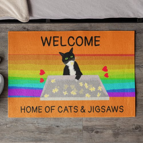 Welcome home of cats and jigsaws puzzle  doormat