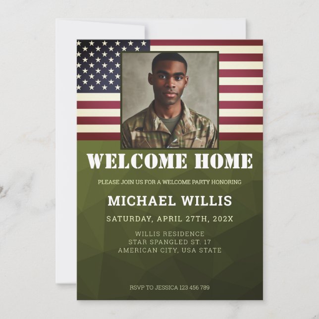Welcome home party Soldier Custom Photo Army green Invitation (Front)