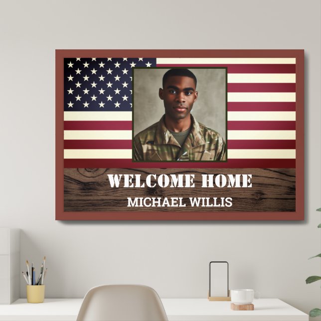 Welcome home party Soldier Custom Photo USA flag Framed Art (Home Office)