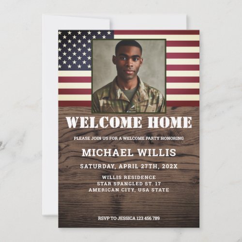 Welcome home party Soldier Custom Photo USA flag Invitation