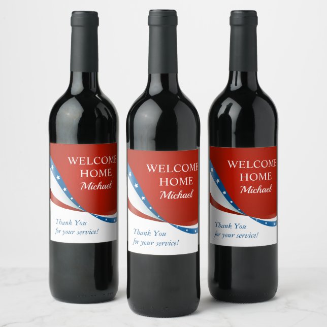 Welcome Home Personalized Red White and Blue Wine Label (Bottles)