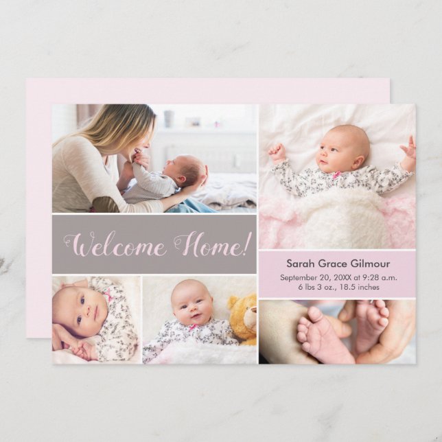 Welcome Home Pink Gray Custom baby girl photo  Thank You Card (Front/Back)