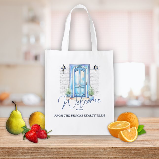 "Welcome Home" Real Estate Client Closing Gift Grocery Bag (real estate client closing gift grocery bag "welcome home" blue door with custom message )