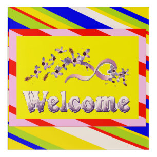 WELCOME HOME SILVER LETTERS AND RAINBOW SURROUND ACRYLIC PRINT
