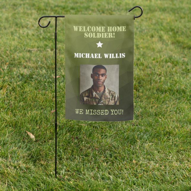  Welcome home Soldier Custom name Photo Army green Garden Flag (In SItu)
