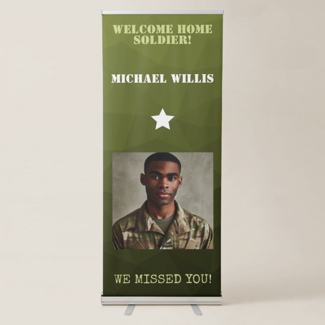 Welcome home Soldier Custom name Photo Army green  Retractable Banner (Front)