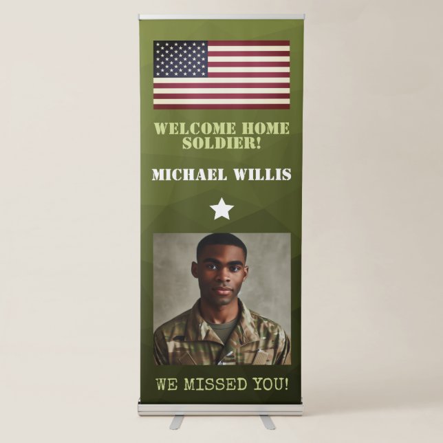 Welcome home Soldier Custom name Photo Army green  Retractable Banner (Front)