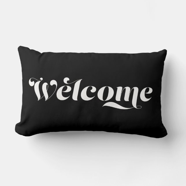 Welcome Home Stylish Calligraphy Black & White Lumbar Pillow (Front)