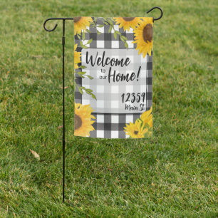 Welcome Home Sunflowers Plaid Custom Address Garden Flag