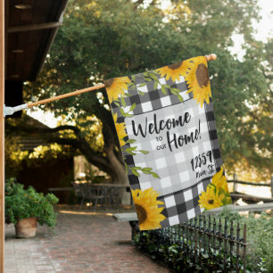 Welcome Home Sunflowers Plaid Custom Address House Flag