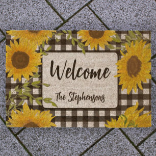 Welcome Home Sunflowers Plaid Custom Name Fiber Doormat