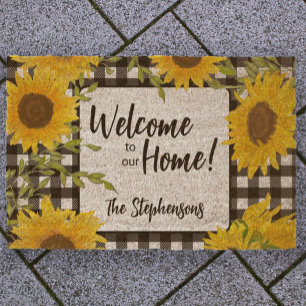 Welcome Home Sunflowers Plaid Custom Name Fiber Doormat