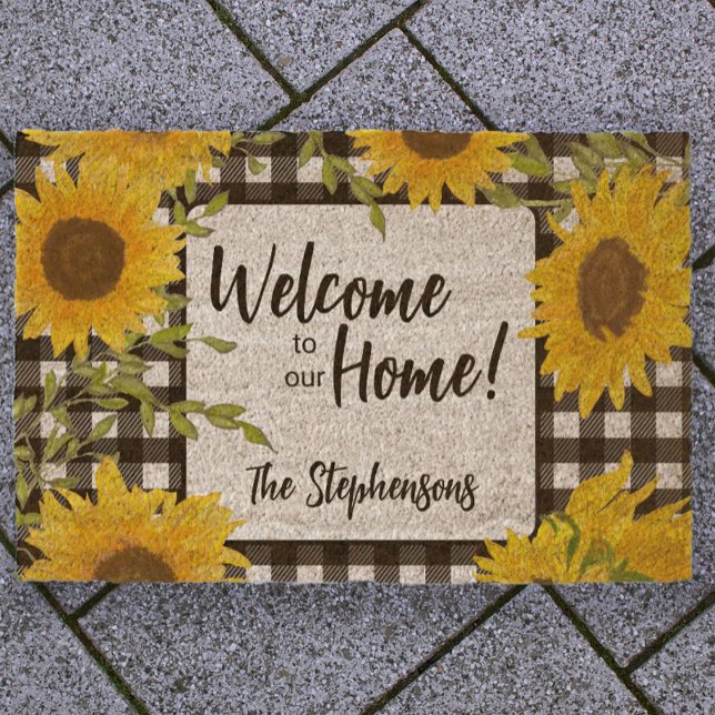 Welcome Home Sunflowers Plaid Custom Name Fiber Doormat (Creator Uploaded)