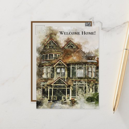 Welcome Home Victorian House in Shades of Brown Holiday Postcard