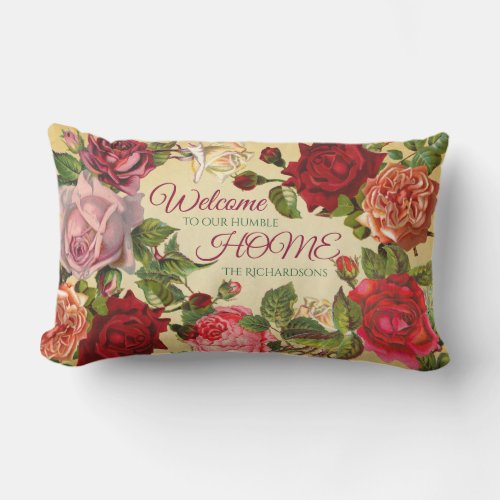 Welcome Home Vintage Victorian Roses Monogram Lumbar Pillow