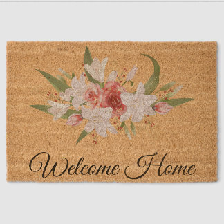 Welcome Home Watercolor Floral Design Outdoor Fiber Doormat