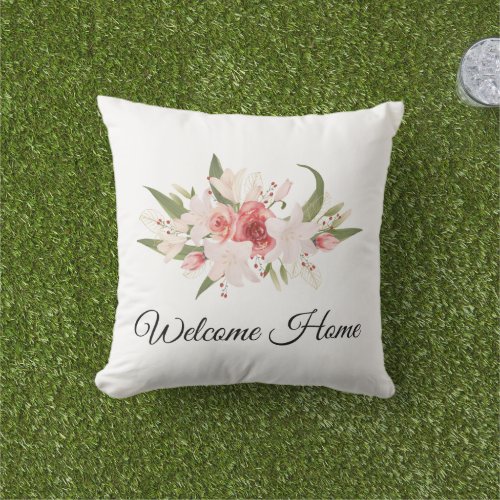 Welcome Home Watercolor Floral Design Outdoor Pillow