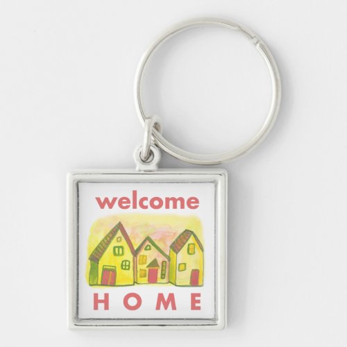 WELCOME HOME Watercolor Houses Cute Cheerful Keychain
