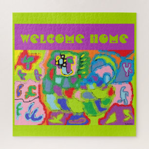 WELCOME HOME WE MISSED YOU PURPLE GREEN COLORS JIGSAW PUZZLE