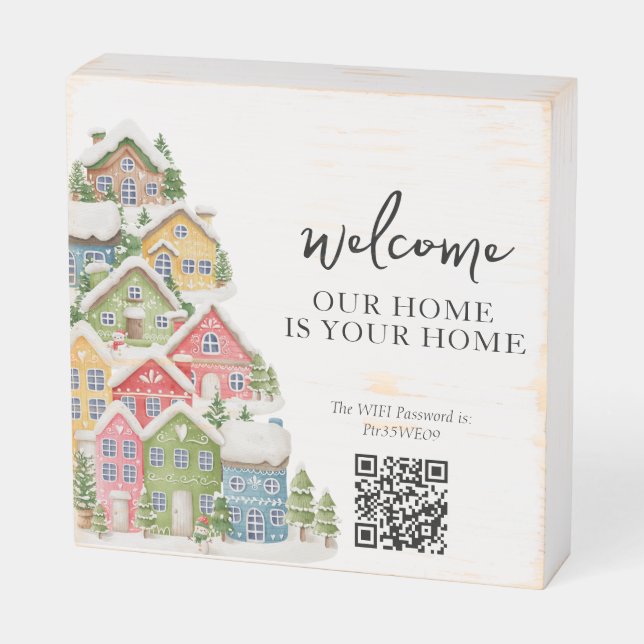 Welcome home wifi password snowy houses wooden box sign (Angled Horizontal)