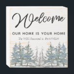 Welcome home wifi password wooden box sign<br><div class="desc">Make your guests feeling special! This wood sign can be personalized with your quote and wifi password. Use it to welcome your friends or even for your bed and breakfast. It features a forest design for a rustic chic accent.</div>