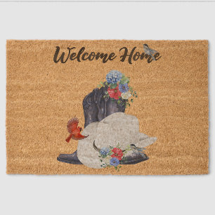 Welcome Home with Cowboy Boots/Hat & Flowers/Birds Fiber Doormat