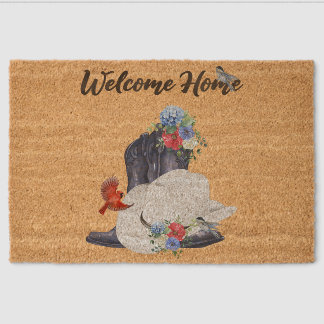 Welcome Home with Cowboy Boots/Hat & Flowers/Birds Fiber Doormat