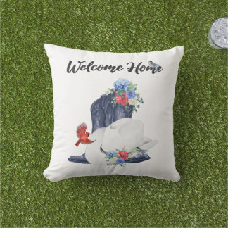 Welcome Home with Cowboy Boots/Hat & Flowers/Birds Outdoor Pillow