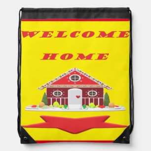 Welcome home with house red yellow colors   drawstring bag