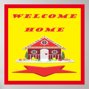 Welcome home with house red yellow colors poster