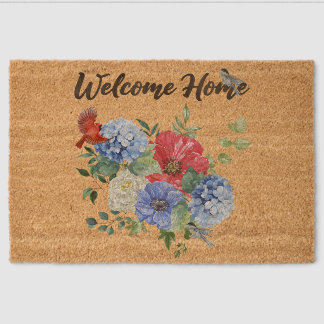 Welcome Home with Red/White/Blue Flowers & Birds Fiber Doormat