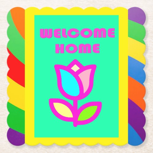 WELCOME HOME WITH STRIPES AND FLOWER PATTERN PAPER COASTER