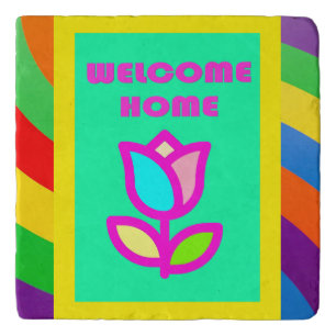 WELCOME HOME WITH STRIPES AND FLOWER PATTERN TRIVET