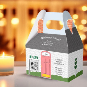 Welcome Home Wooden Realtor Logo Pink Door Favor Boxes