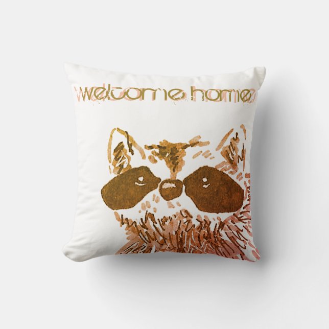 Welcome Home Woodland Gold Raccoon Throw Pillow (Front)
