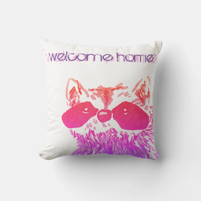 Welcome Home Woodland Pink Raccoon Throw Pillow (Front)