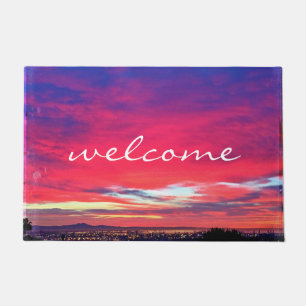 Welcome Hot Pink Blue Clouds Sunset Photo Modern Doormat